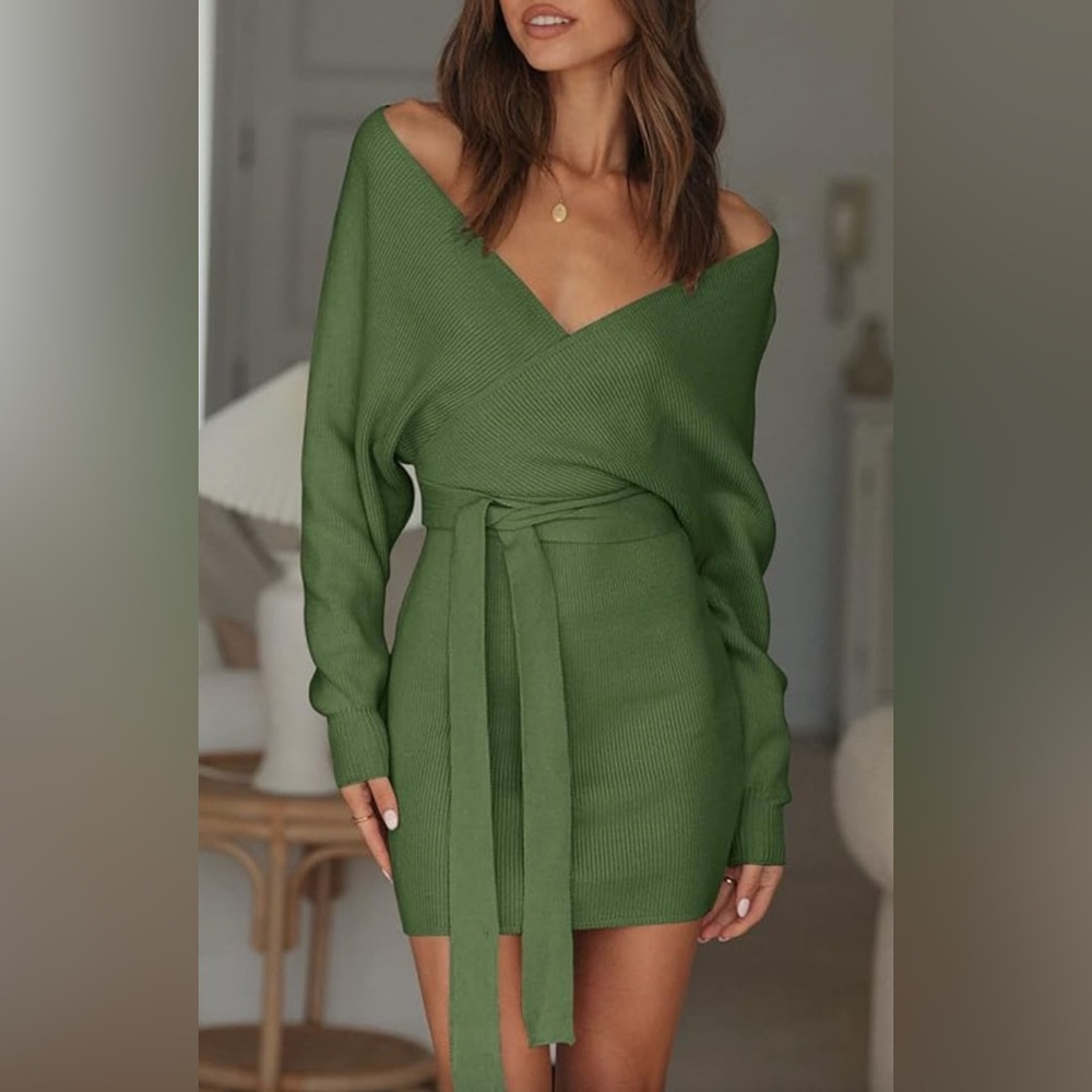 Zesica Army Green V Neck Knitted Body Con Dress